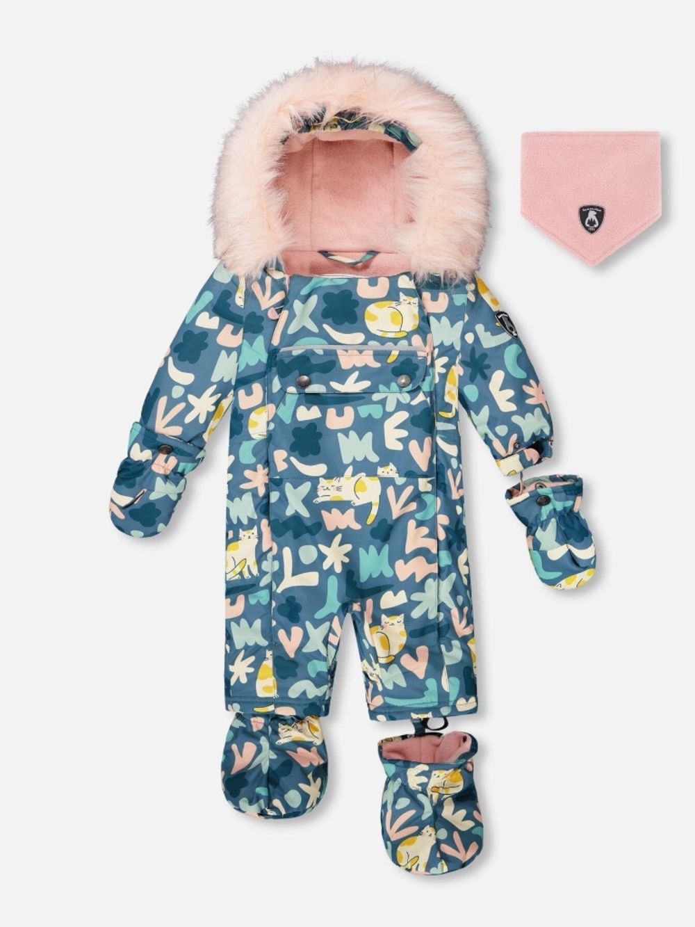 Deux par Deux One-Piece Baby Play Snowsuit Designed For Car Seat Green Cat Print